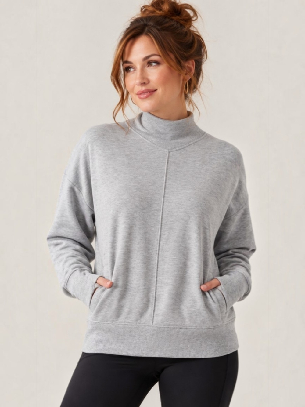 Athleta Cozy Apollo Crewneck Sweatshirt Gray Heather Mock Neck Size M